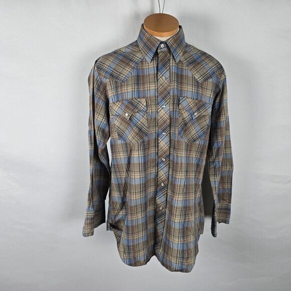 ATB Authentic Western Shirt Men 16 32/33 Brown Blue Plaid Snap Down - Picture 1 of 16